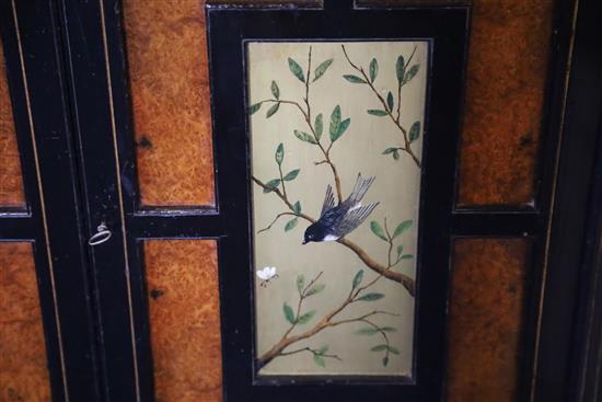 A Victorian Aesthetic Movement burr wood and ebony chiffonier, W.3ft 3in. D.1ft 5.5in. H.4ft 7in.